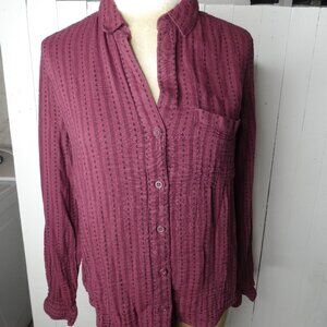 Cloth & Stone Women's M Button Up Top Burgundy & Black Cotton Blend Long Sleeve